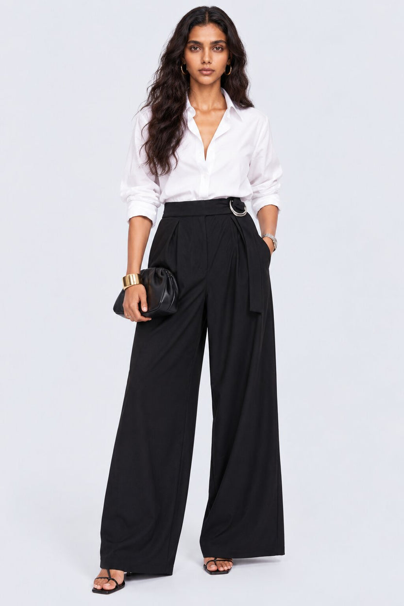 Womens Navy Blue Belted Straight Fit Trouser - Image 6