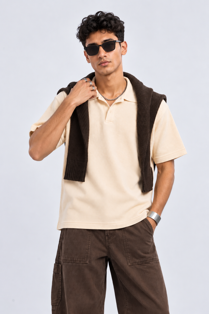Mens Cream Textured Polo T-Shirt - Image 1