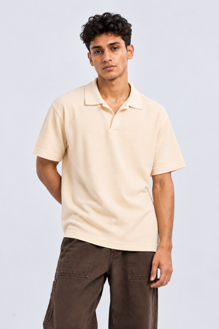 Mens Cream Textured Polo T-Shirt - Image 2