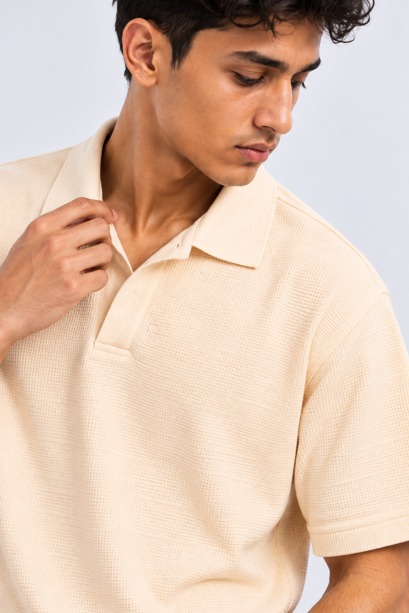 Mens Cream Textured Polo T-Shirt - Image 3