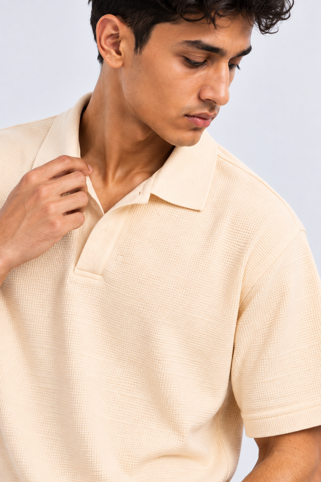 Mens Cream Textured Polo T-Shirt - Image 3