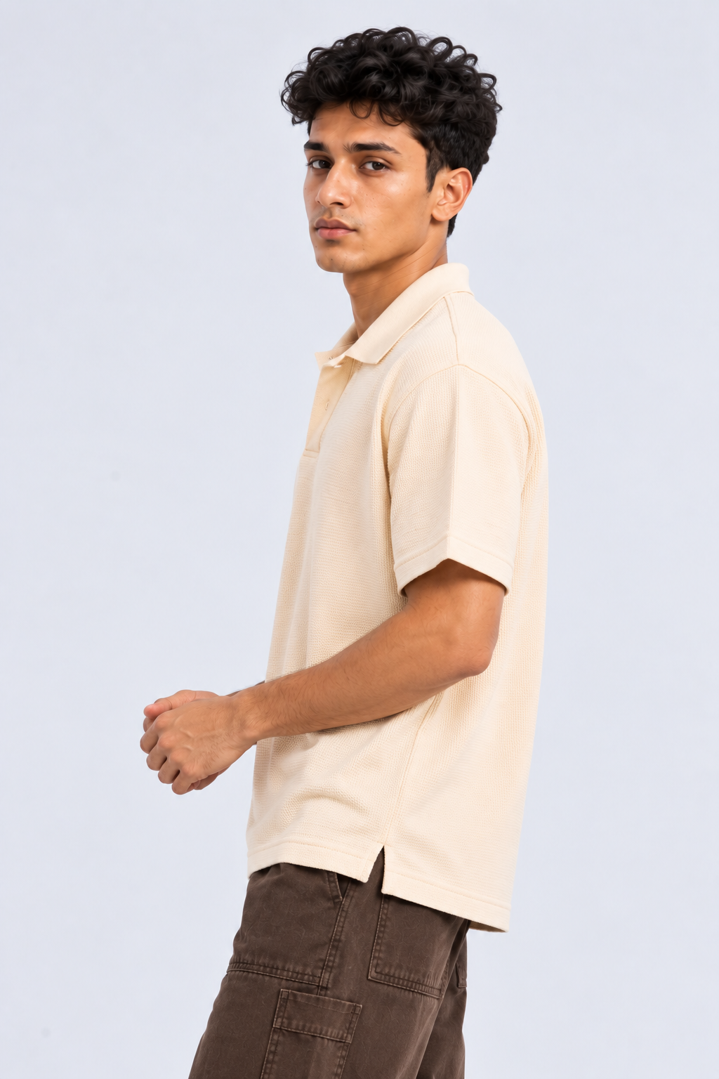 Mens Cream Textured Polo T-Shirt - Image 4