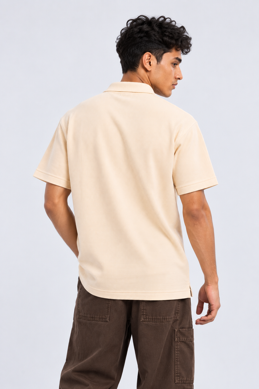 Mens Cream Textured Polo T-Shirt - Image 5
