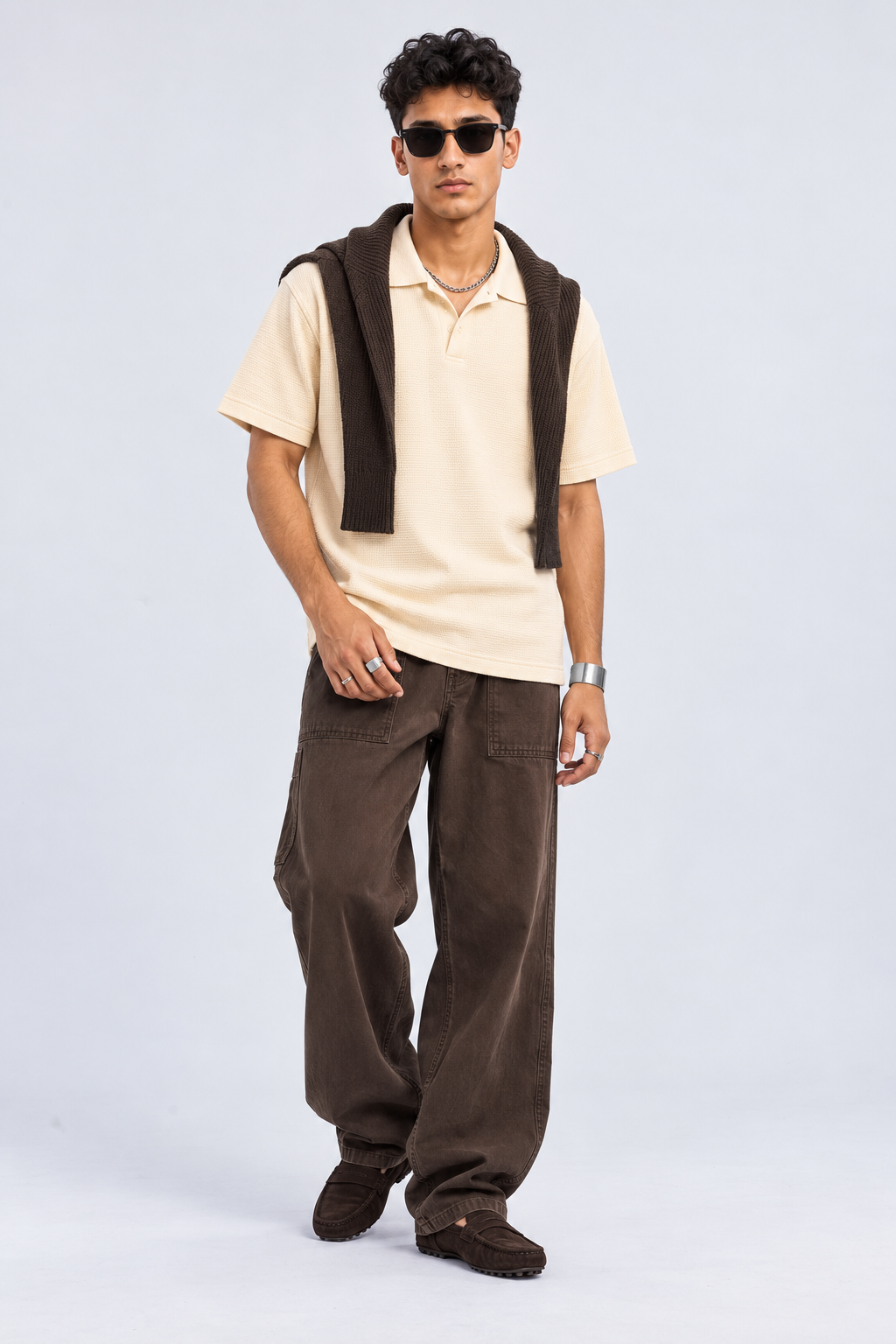 Mens Cream Textured Polo T-Shirt - Image 6