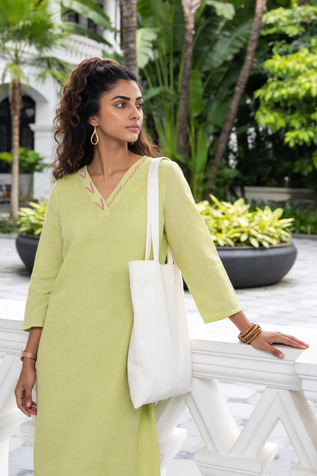 Lime Embroidered V-Neck Kurta for Women - Image 1