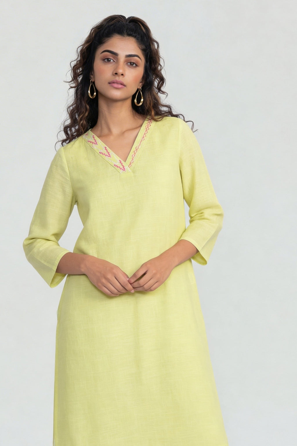 Lime Embroidered V-Neck Kurta for Women - Image 2