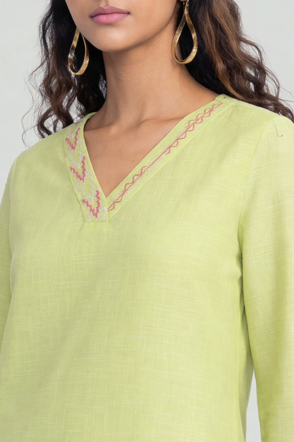 Lime Embroidered V-Neck Kurta for Women - Image 3