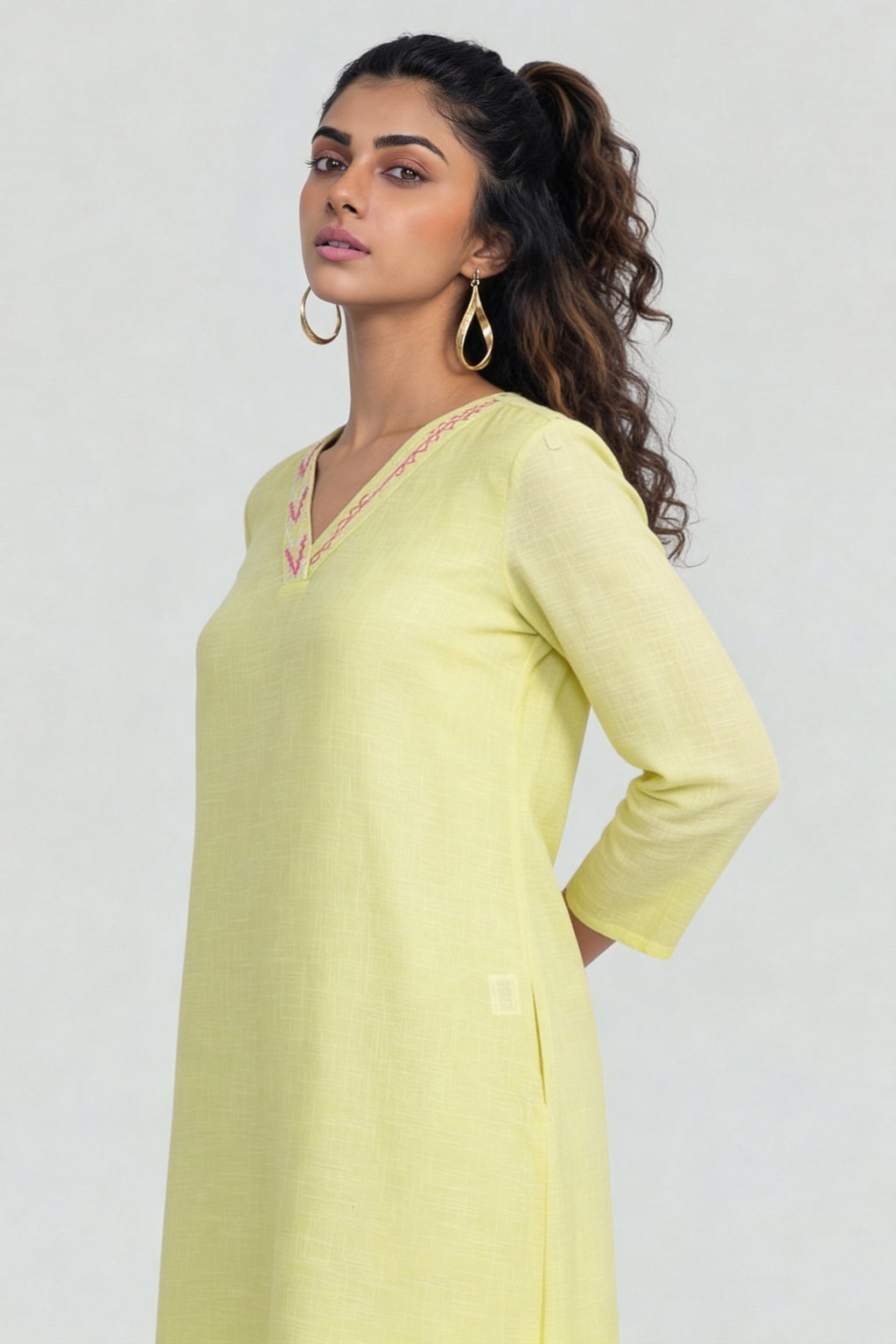 Lime Embroidered V-Neck Kurta for Women - Image 4