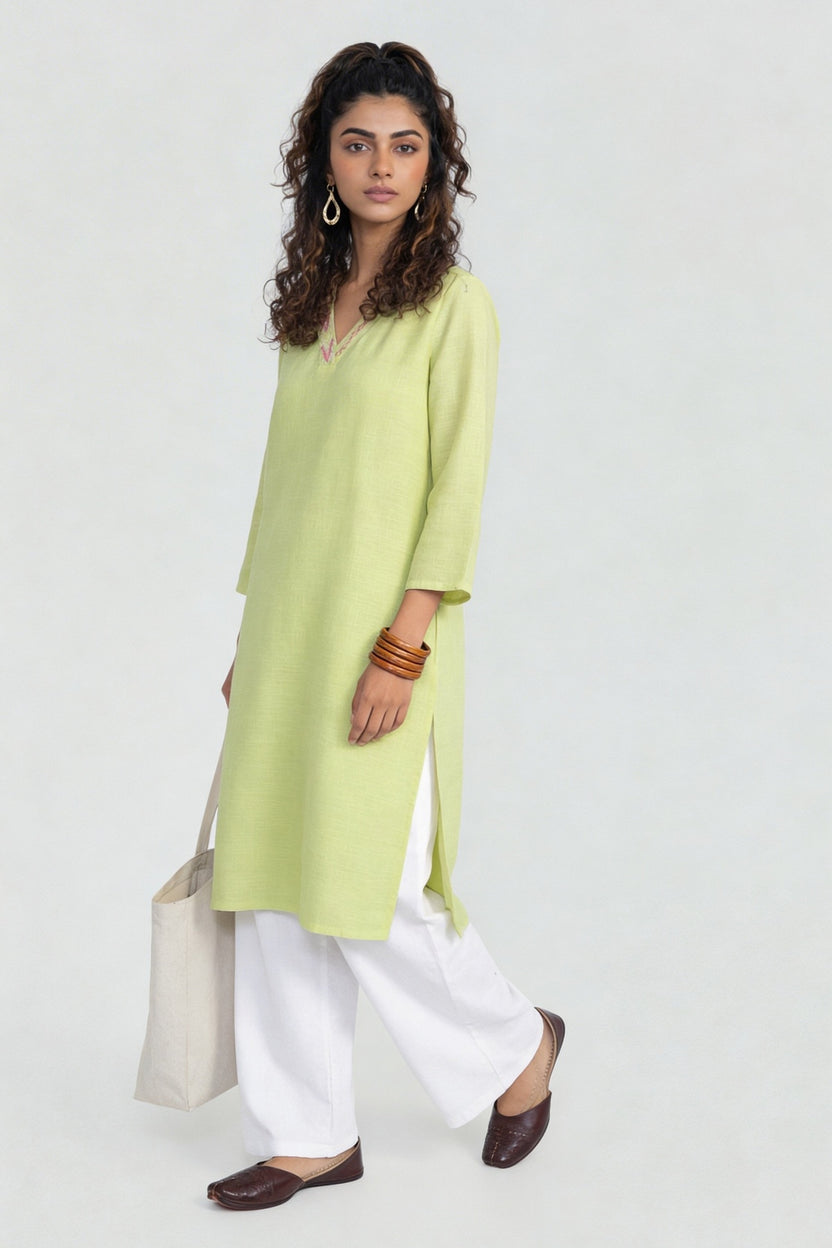 Lime Embroidered V-Neck Kurta for Women - Image 6