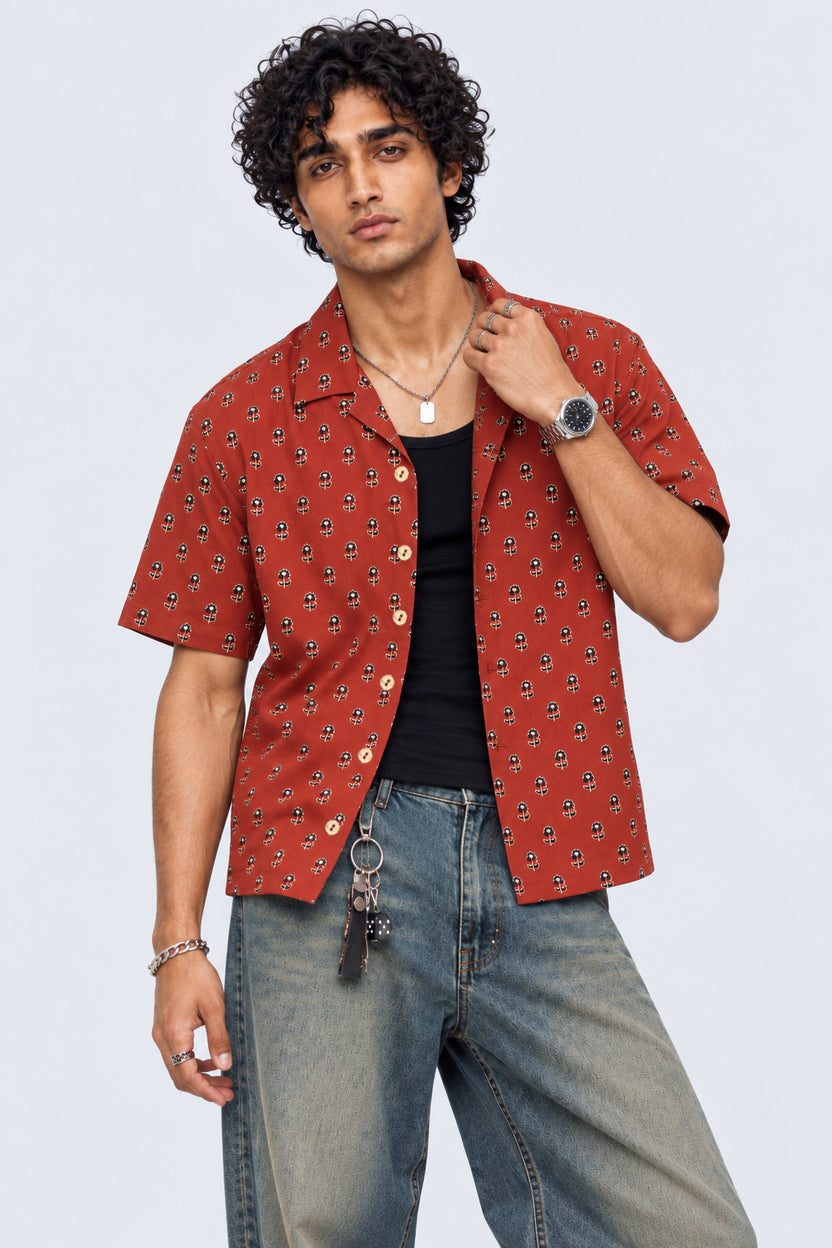 Mens Rust Floral Print Resort Shirt - Image 1
