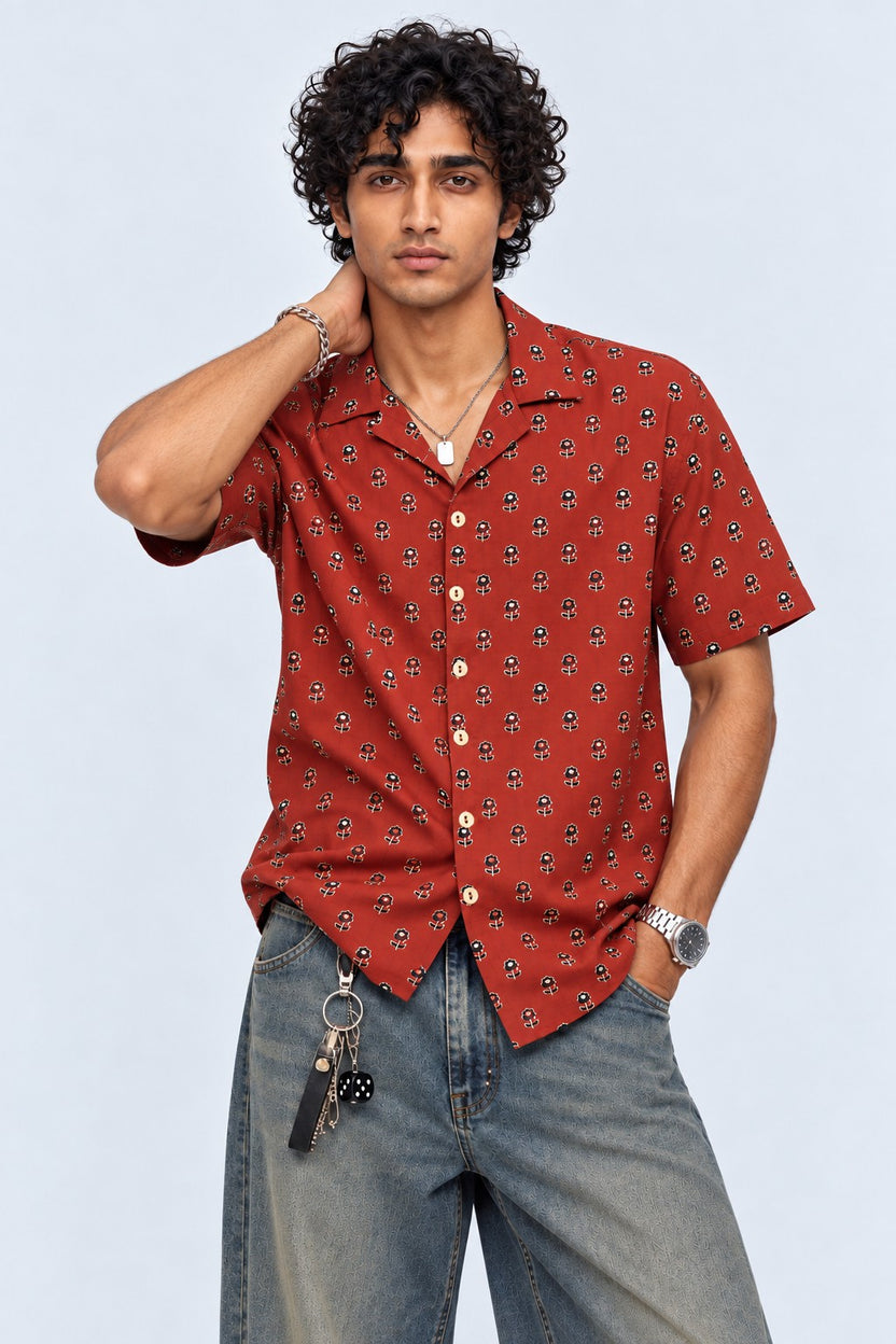 Mens Rust Floral Print Resort Shirt - Image 2