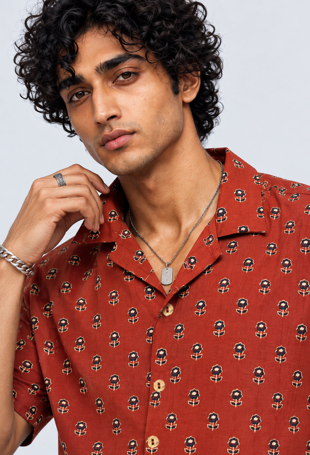 Mens Rust Floral Print Resort Shirt - Image 3