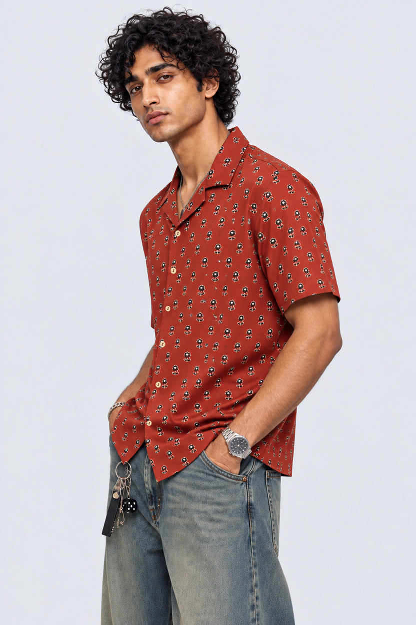 Mens Rust Floral Print Resort Shirt - Image 4