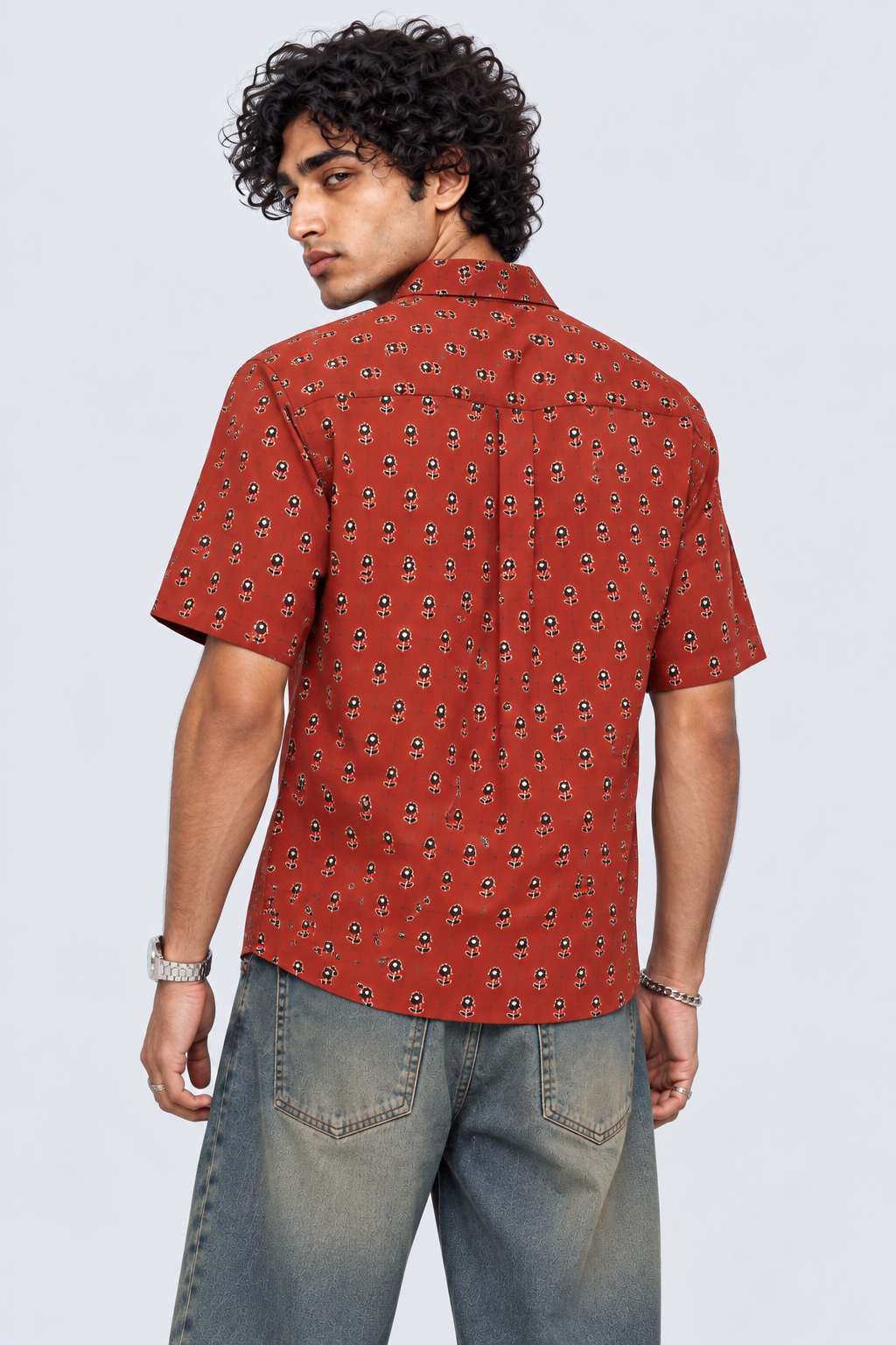 Mens Rust Floral Print Resort Shirt - Image 5
