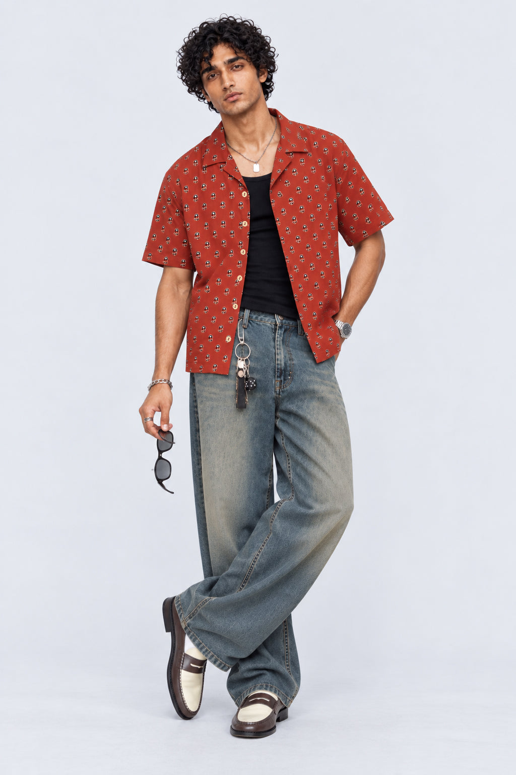 Mens Rust Floral Print Resort Shirt - Image 6