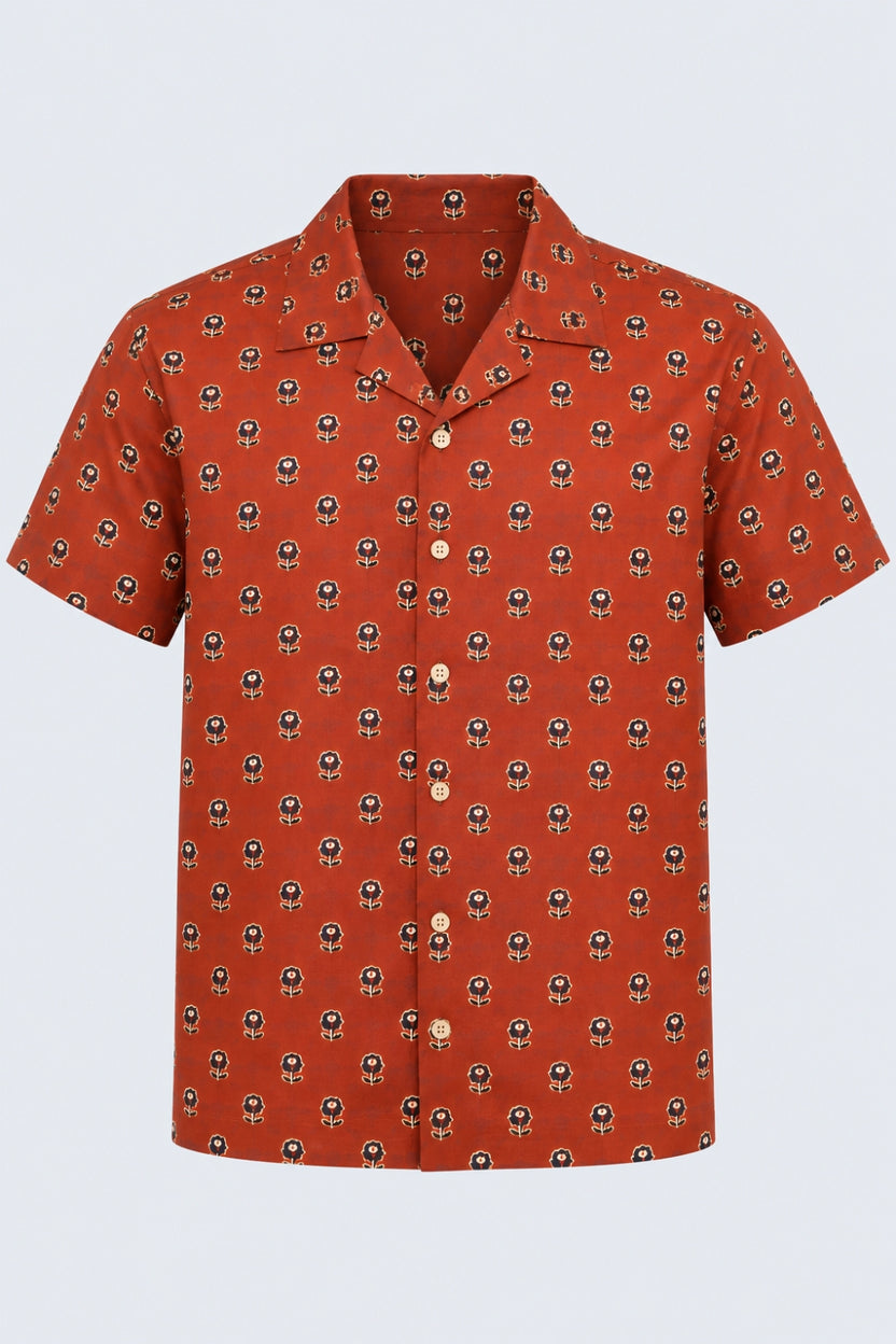 Mens Rust Floral Print Resort Shirt - Image 7