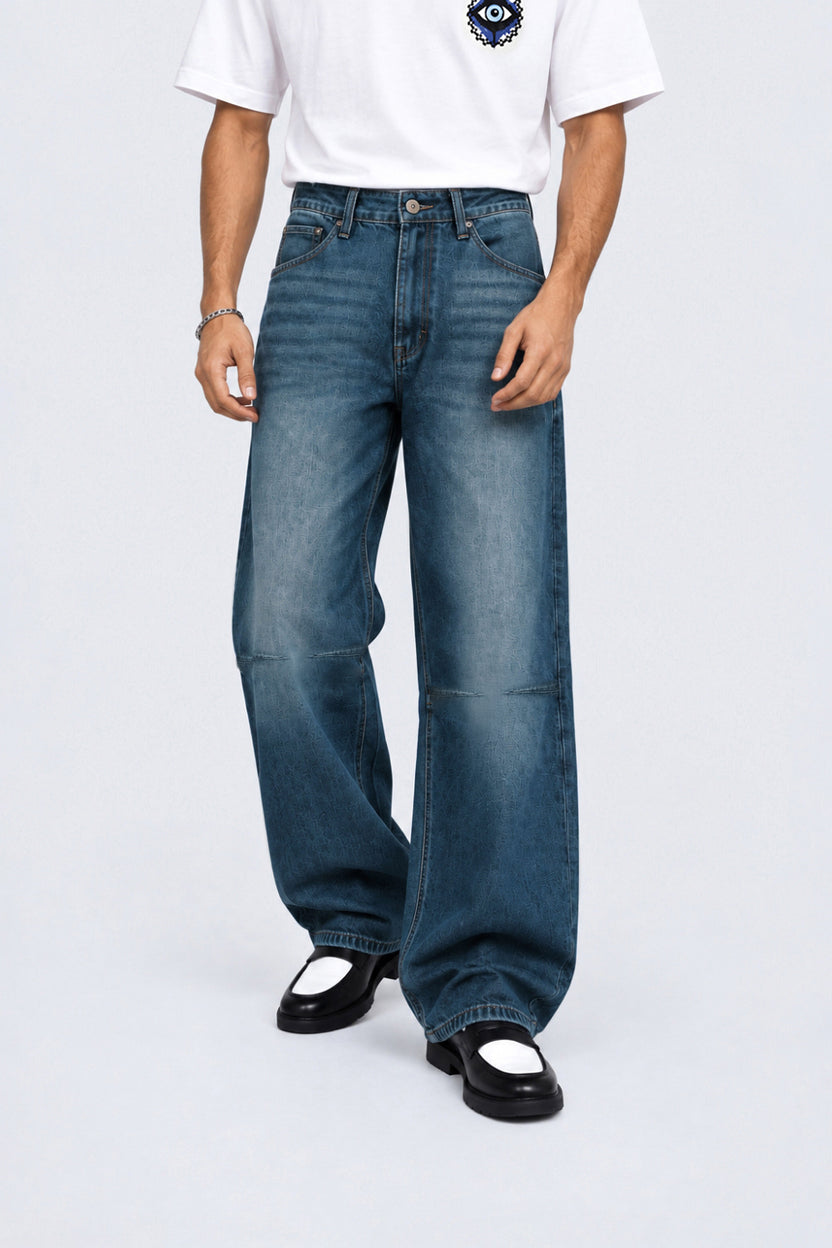 Mens Navy Ultra Baggy Fit Washed Jeans - Image 2