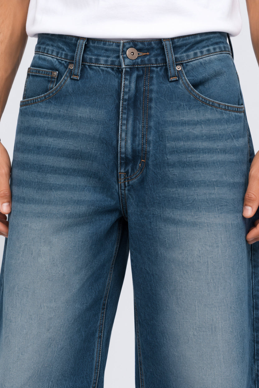 Mens Navy Ultra Baggy Fit Washed Jeans - Image 3