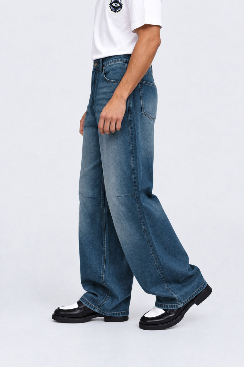 Mens Navy Ultra Baggy Fit Washed Jeans - Image 4