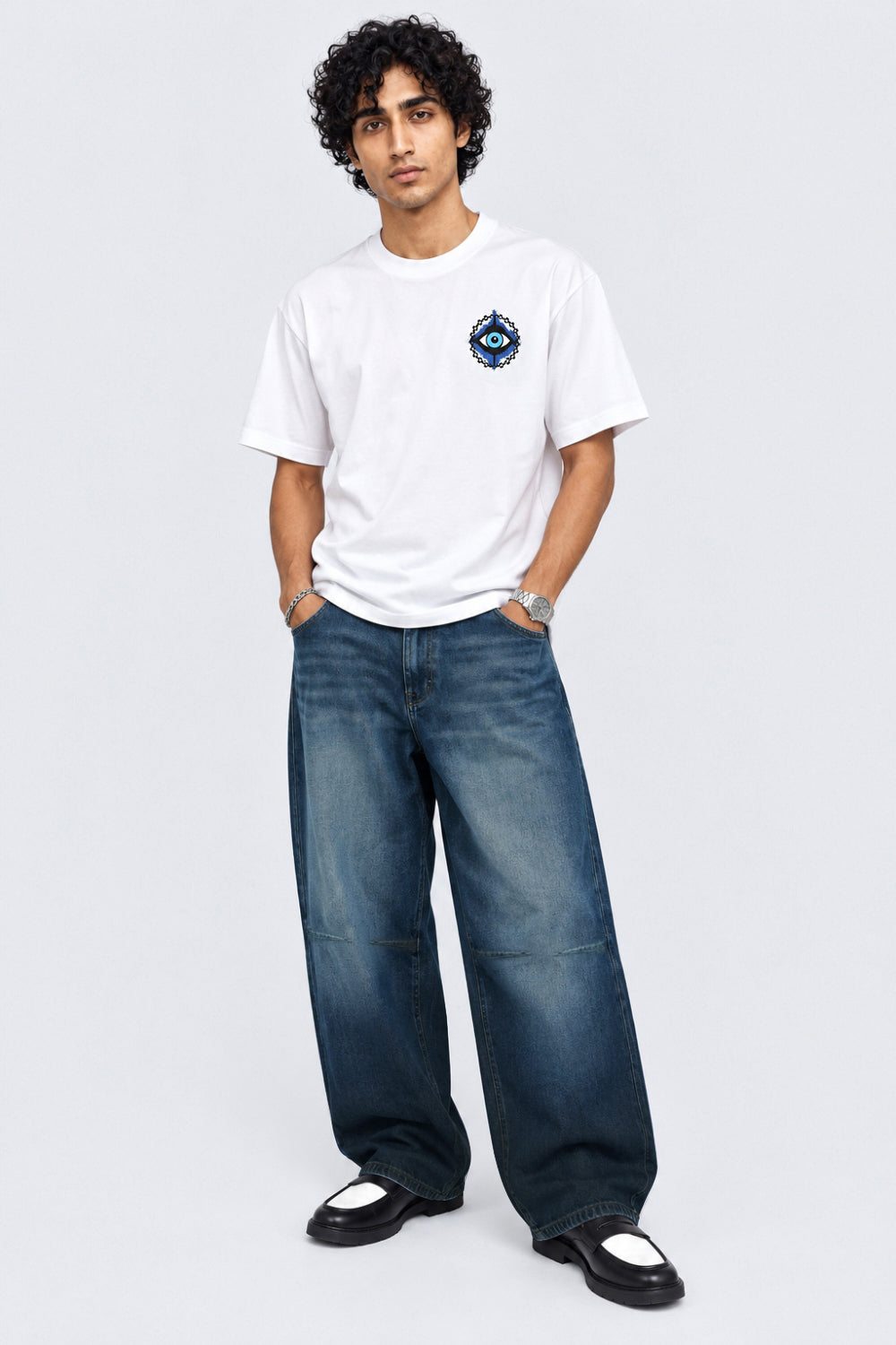 Mens Navy Ultra Baggy Fit Washed Jeans - Image 6